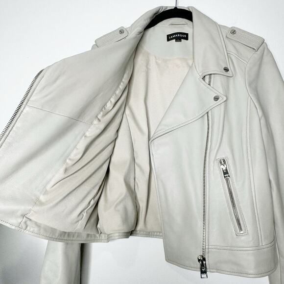 Lamarque Donna Biker Leather Jacket in Stone Grey Cream Size Large - Picture 7 of 13